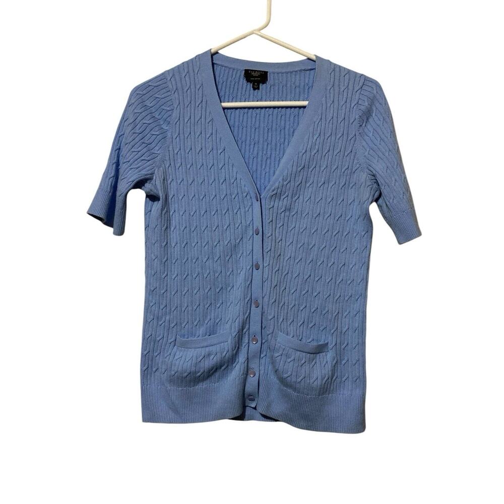 Talbots Woman Petite Blue Button Up Cardigan Sweater Size Medium Pima Cotton
